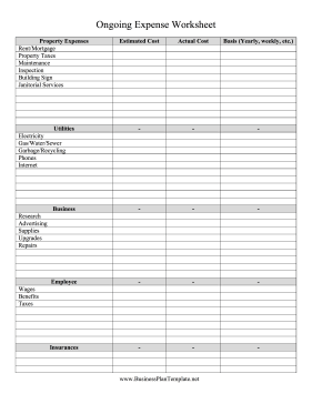Ongoing Expense Worksheet template