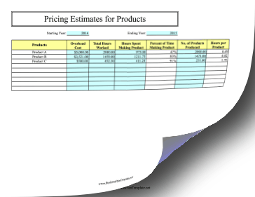 Pricing Estimates for Products template