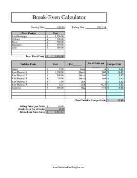 Break-Even Calculator template