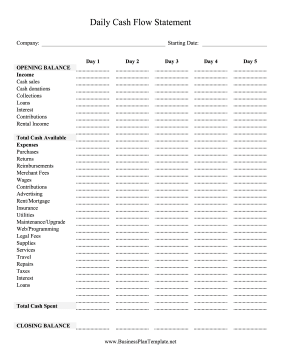 Daily Cash Flow Statement Five Days template