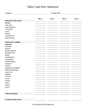 Daily Cash Flow Statement Four Days template