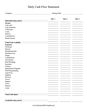 Daily Cash Flow Statement Three Days template