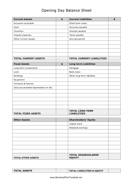 Opening Day Balance Sheet template