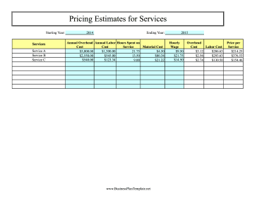 Pricing Estimates for Services template