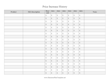 Product Price Increase History Tracker template