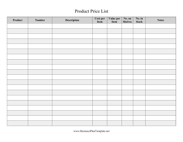 Product Pricing List template