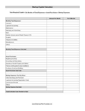 Startup Capital Calculator template