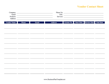 Vendor Contact Sheet template