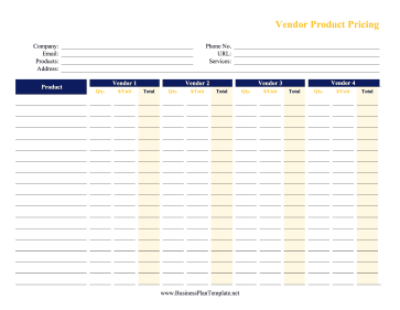 Vendor Product Pricing Sheet template