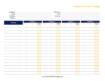 Vendor Service Pricing Sheet template